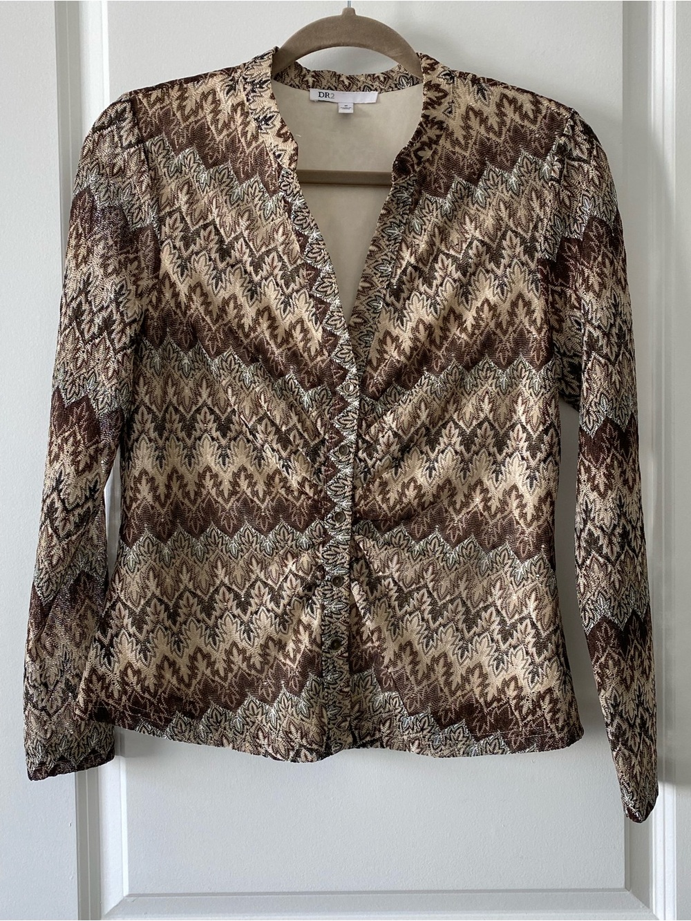 DR2 Multitone Brown/Taupe/Beige metallic Chevron-Patterned Long-Sleeve Blouse